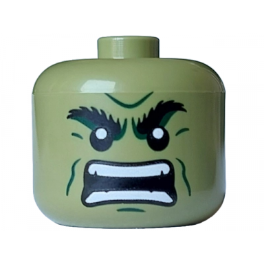 olive green minifigure head modified giant black bushy eyebrows dark green cheek lines chin dimple and furrowed brow angry open mouth with teeth parted pattern - vented stud