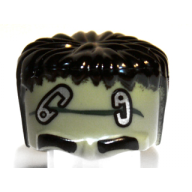 olive green minifigure headgear head top frankenstein monster with black hair and safety pins pattern
