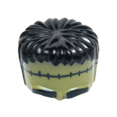 olive green minifigure headgear head top frankenstein monster with black hair and small stitches pattern
