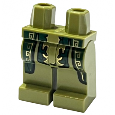 olive green hips and legs with dark green robe ends with gold trim pattern