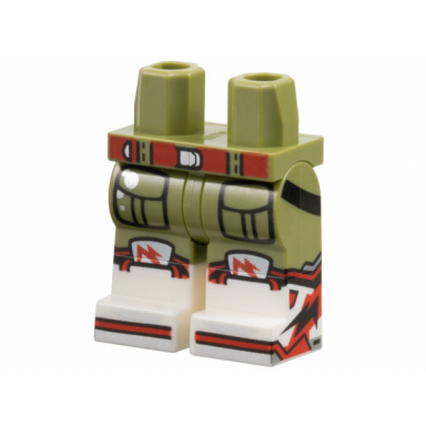 olive green hips and legs with molded white lower legs boots and printed red belt with silver buckle and spots trim and toes black pockets outlines pattern