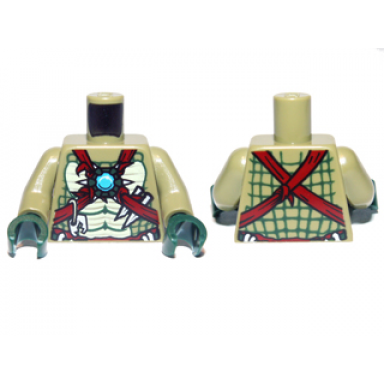 olive green torso bare chest with muscles dark red straps white spikes and dark azure round jewel chi pattern olive green arms dark green hands