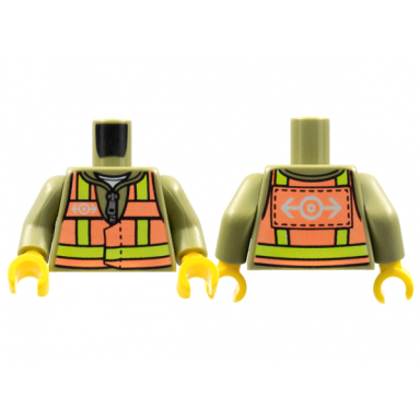 olive green torso train safety vest with train logo pattern on both sides olive green arms yellow hands