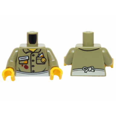 olive green torso shirt button down with pockets name tag smiley face button and white apron on front and back pattern olive green arms yellow hands
