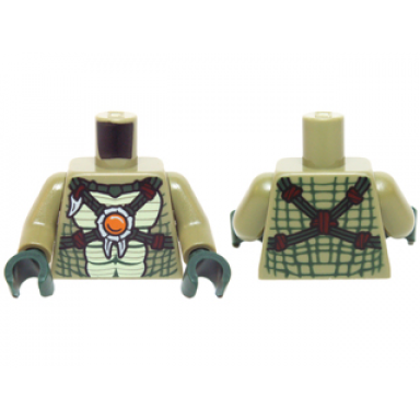 olive green torso crocodile skin with dark green crossing straps and fire chi emblem pattern olive green arms dark green hands