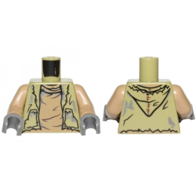 olive green torso vest tattered dirty with hood and dark tan creased undershirt pattern dark tan arms dark bluish gray hands