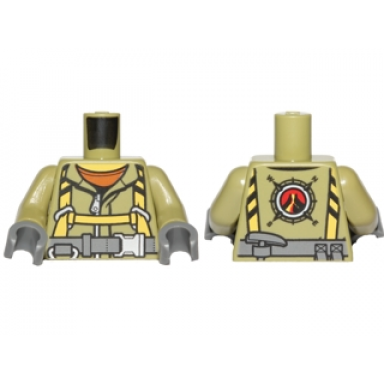 olive green torso volcano explorer jumpsuit with dark bluish gray belt and yellow harness front volcano logo back pattern olive green arms dark bluish gray hands