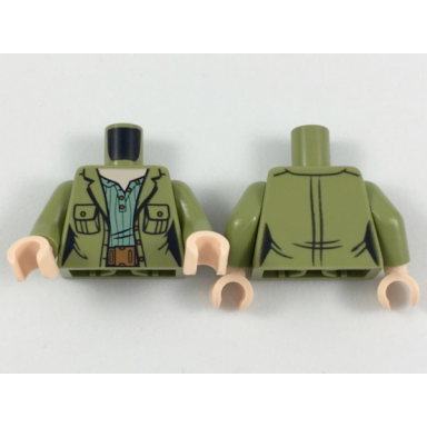 olive green torso female jacket with pockets over sand green shirt with green stripes reddish brown belt pattern olive green arms light nougat hands