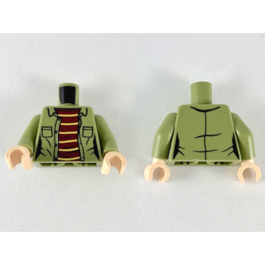 olive green torso female jacket with pockets and dark red shirt with 6 yellow stripes pattern olive green arms light nougat hands