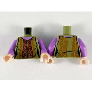 olive green torso female blouse ornate gold dark red and dark orange pattern medium lavender arms light nougat hands