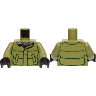 olive green torso winter jacket with dark green lines pockets and zipper over dark bluish gray shirt pattern olive green arms black hands