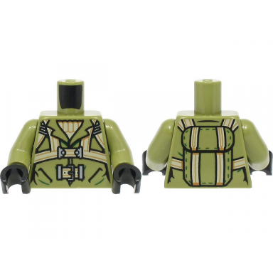 olive green torso jacket over tan sweater harness and belt with buckle parachute pack on back pattern olive green arms black hands