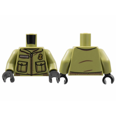 olive green torso jacket with pockets gold badge silver zipper and name plate pattern olive green arms black hands