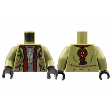 olive green torso jacket dark red lion on back dark red jacket with drawstrings dark bluish gray shirt with tan logo pattern olive green arms black hands