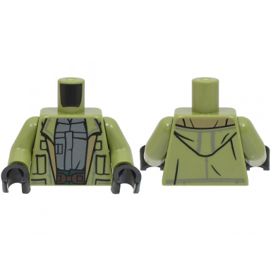 olive green torso open jacket with hood over dark bluish gray shirt dark brown belt dark green pants pattern olive green arms black hands