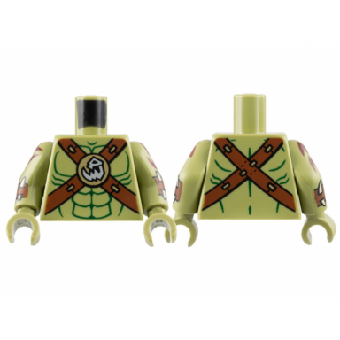 olive green torso bare chest dark green contour lines reddish brown crossbelts with skull clasp pattern olive green arms with reddish brown cuffs and zig zag tattoos pattern olive green hands