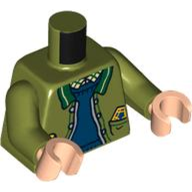 olive green torso open jacket with dark green collar dark blue jumper lollipop and chocolate frog in pockets pattern olive green arms light nougat hands