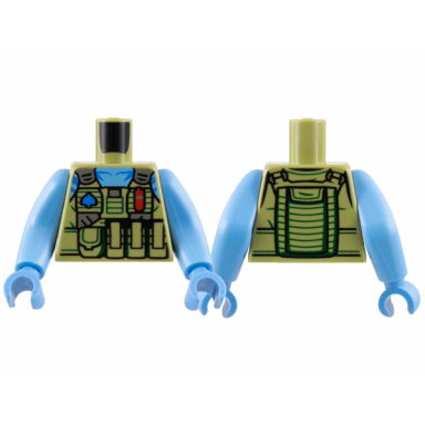 olive green torso navi with blue markings medium blue neck flak vest with pouches and tree badge pattern medium blue arms long medium blue hands