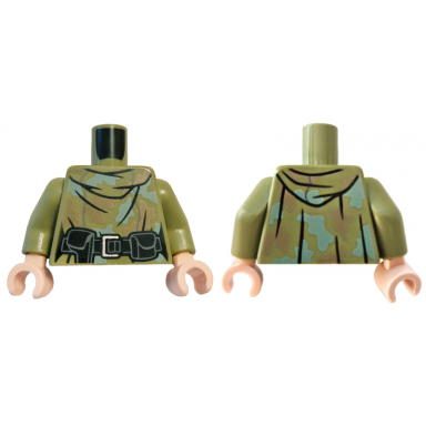 olive green torso female hooded shirt camouflage with sand green and dark tan spots black belt with holster and pouch pattern olive green arms light nougat hands