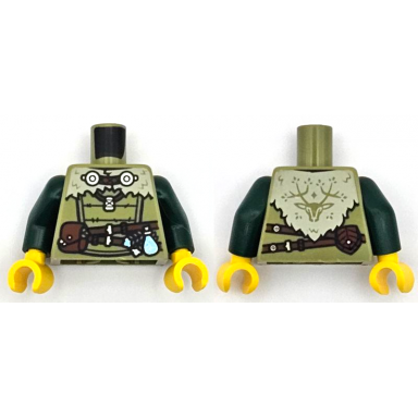 olive green torso viking tunic with tan collar reddish brown belts and pouches silver buttons deer head on back pattern dark green arms yellow hands