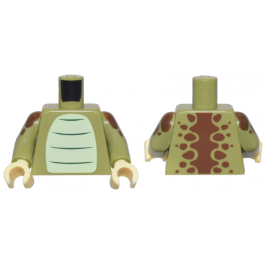 olive green torso yellowish green stomach dark green stripes and reddish brown dinosaur spine and spots pattern olive green arms with dinosaur spots pattern tan hands