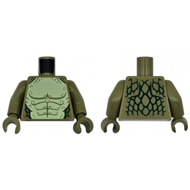 olive green torso lizard costume dark green scales and yellowish green bare chest with olive green muscles pattern olive green arms olive green hands