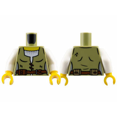 olive green torso female vest over white shirt yellow neck reddish brown laces and belt with pouch pattern white arms yellow hands