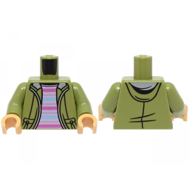 olive green torso jacket open with hood over bright pink shirt with dark pink and bright light blue stripes pattern olive green arms medium tan hands