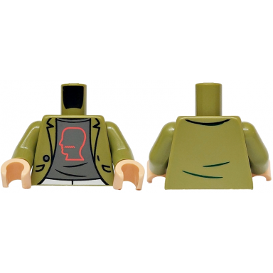 olive green torso jacket open with pockets and button over dark bluish gray shirt with coral head outline pattern olive green arms light nougat hands
