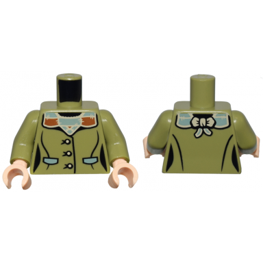 olive green torso female jacket sand green tan and dark orange buttons pockets and collar with bow pattern olive green arms light nougat hands