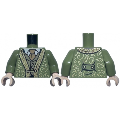 olive green torso jacket with gold and copper trim and filigree over dark tan vest and white shirt medium nougat tie pattern olive green arms light nougat hands