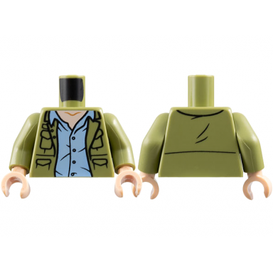 olive green torso jacket open with pockets over bright light blue button up shirt light nougat neck pattern olive green arms light nougat hands