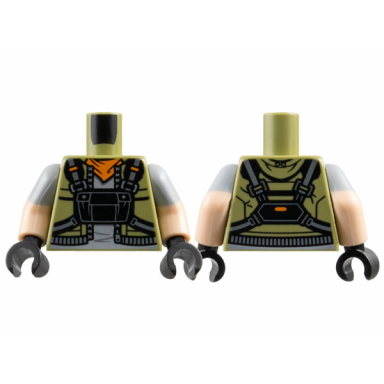 olive green torso vest with silver zipper orange scarf light bluish gray shirt and black pouch with straps pattern light nougat arms with molded light bluish gray short sleeves pattern black hands