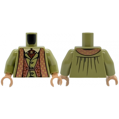 olive green torso jacket with copper trim with gold stars over vest with buttons and tan shirt reddish brown tie with pin pattern olive green arms light nougat hands