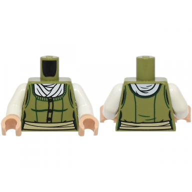 olive green torso female bodice with dark green trim buttons and contours white blouse tan sash pattern white arms light nougat hands