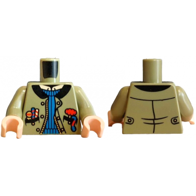 olive green torso jacket open with black collar blue jumper lollipops and candy canes in pockets pattern olive green arms light nougat hands