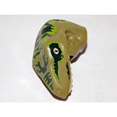 olive green dinosaur head raptor with pin hole with tan teeth and dark green stripes over lime pattern