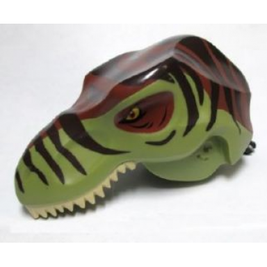 olive green dinosaur head tyrannosaurus rex with pin tan teeth reddish brown top and dark brown stripes pattern