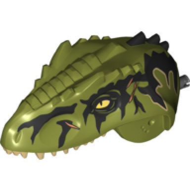 olive green dinosaur head indominus rex giganotosaurus with pin tan teeth black markings and medium nougat scars pattern