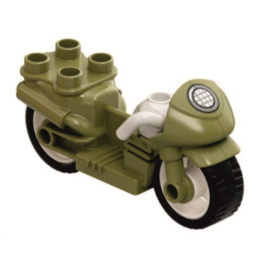 olive green duplo motorcycle with rubber wheels white handlebars and headlight pattern