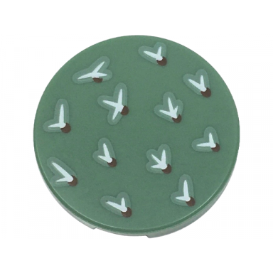 sand green tile round 2 x 2 with bottom stud holder with white and dark brown cactus needles pattern