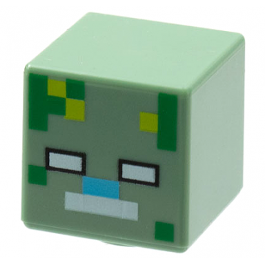 sand green minifigure head modified cube with pixelated white eyes and mouth medium azure nose and green and lime spots pattern minecraft drowned zombie