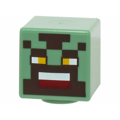 sand green minifigure head modified cube with pixelated dark brown face bright light orange eyes and white and dark red mouth pattern minecraft orc warrior