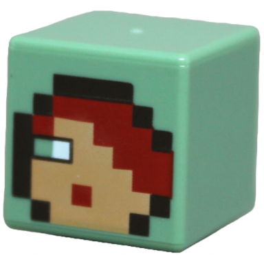 sand green minifigure head modified cube with pixelated nougat face red hair and mouth white right eye dark brown hood trim pattern