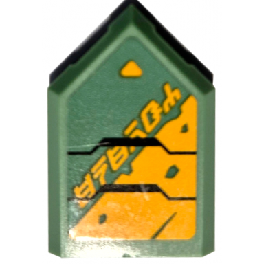 sand green tile modified 2 x 3 pentagonal with armor plates with black outlines bright light orange triangles and ninjago logogram energy pattern model left side sticker - set 71750