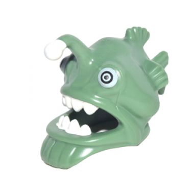 sand green minifigure headgear mask angler fish head with wide open mouth fins and white teeth eyes and lure esca pattern