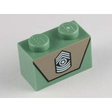 sand green brick 1 x 2 with army emblem on dark tan background pattern