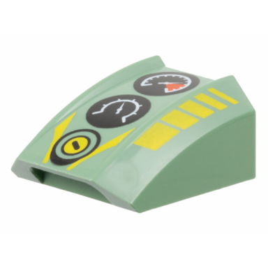 sand green slope curved 2 x 2 lip with black gauges and broken yellow stripes pattern