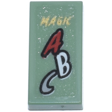 sand green tile 1 x 2 with book with gold magic and red white and light bluish gray abc pattern sticker - set 76218