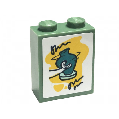 sand green brick 1 x 2 x 2 with inside stud holder with pottery with dark turquoise vase and white hand on yellow background pattern sticker - set 41711